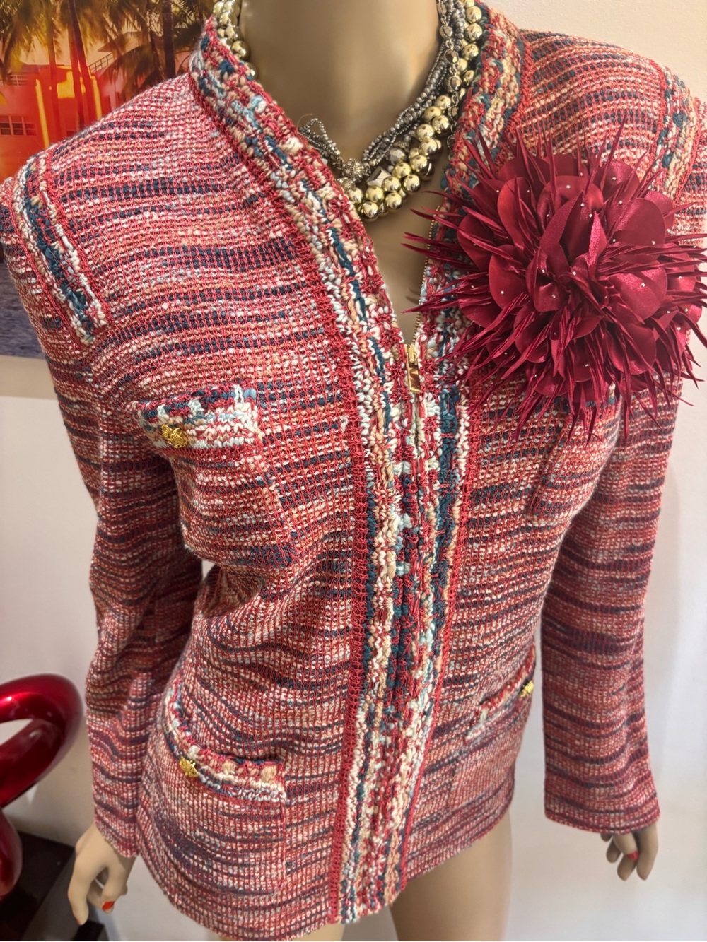 St. John Coral Multi-Color Tweed Zip Jacket embellished career 10 M blazer